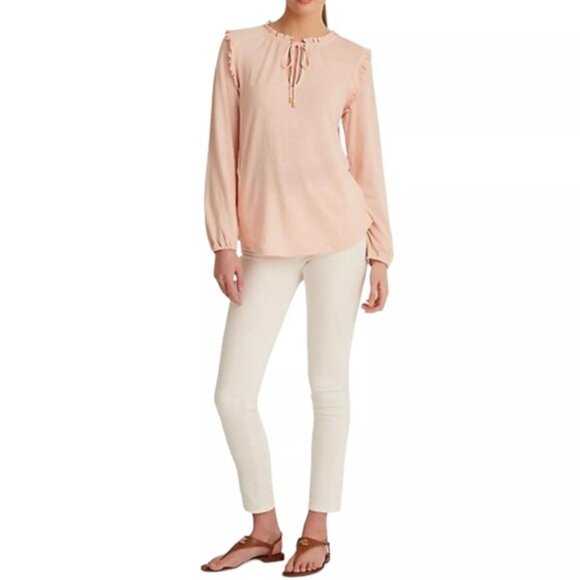 NWT LAUREN RALPH LAUREN BLACK LABEL LINEN Blend Ruffle Neck Top Keyhole Neck LG - Picture 1 of 15